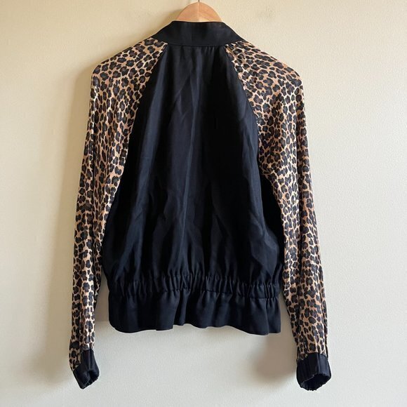 Three Dots Leopard Print Bomber Jacket - Black/Camel Full Zip Up Womens Size XS - Picture 6 of 7